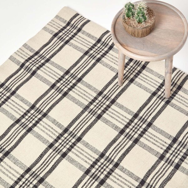 Logan Black and White Tartan Check Non-Slip 100% Wool Rug, 70 x 120 cm