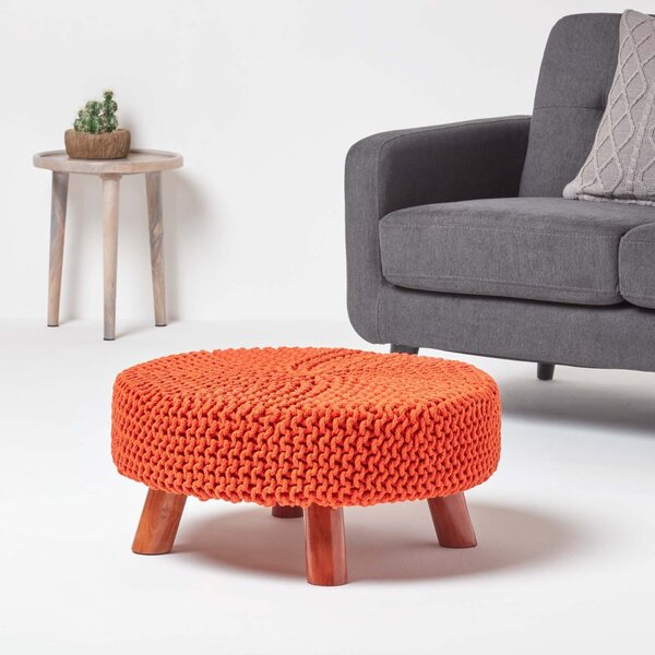 Homescapes Burnt Orange Flat Circular Knitted Footstool with Legs