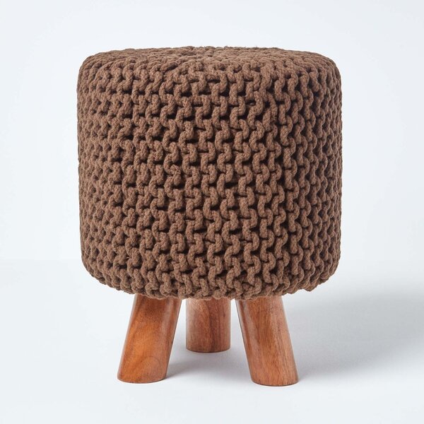 Homescapes Chocolate Knitted Footstool with Tripod Wooden Legs