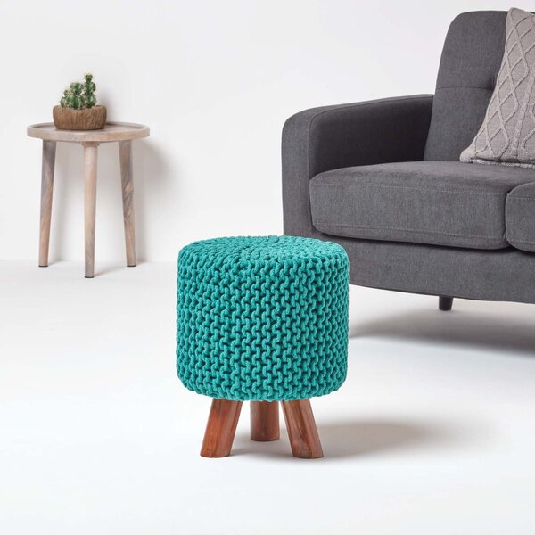 Homescapes Teal Green Tall Knitted Footstool with Wooden Legs