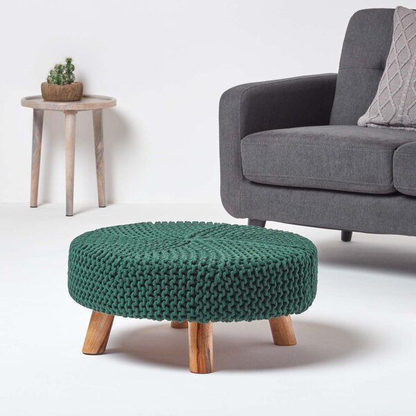 Forest Green Knitted Flat Footstool with Wooden Legs Large 62 x 62 x 30 cm