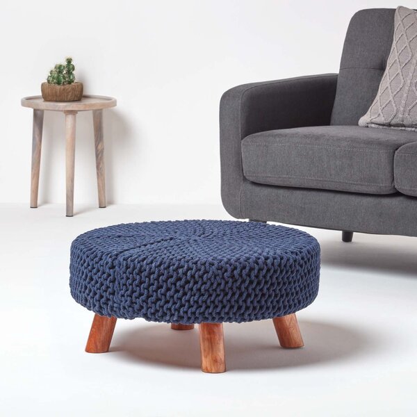 Homescapes Navy Blue Flat Circular Knitted Footstool with Legs