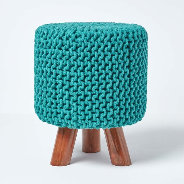 Homescapes Teal Green Tall Knitted Footstool with Wooden Legs