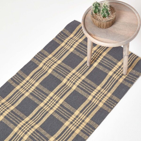 Douglas Grey and Yellow Tartan Check Non-Slip 100% Wool Hall Runner, 66 x 200 cm