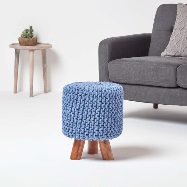 Blue Knitted Cotton Tall Foostool with Wooden Legs 42 x 32 x 32cm