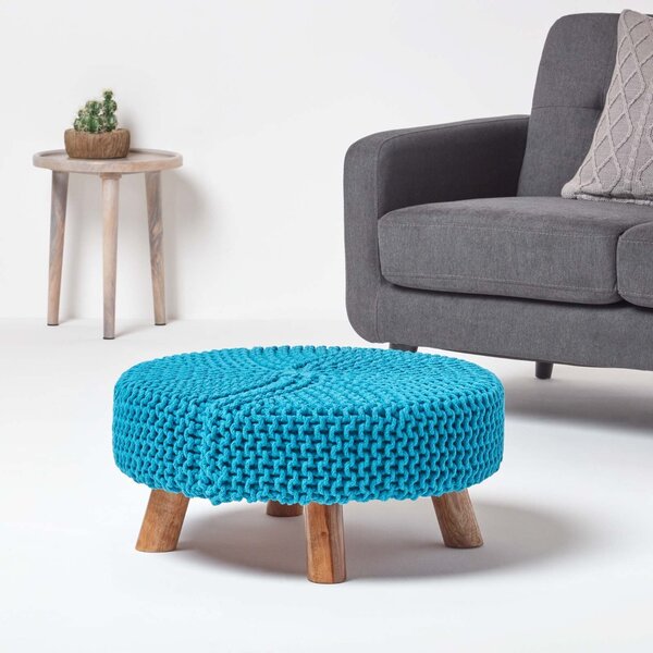 Homescapes Teal Blue Flat Circular Knitted Footstool with Legs