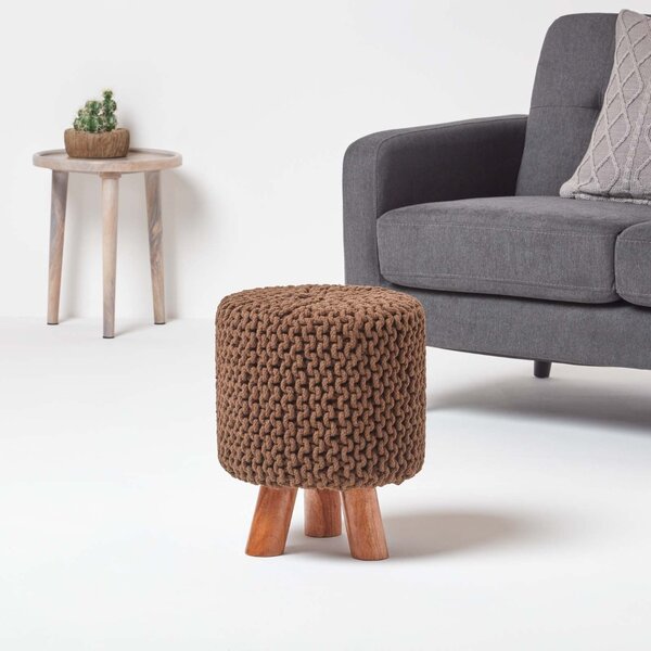 Homescapes Chocolate Knitted Footstool with Tripod Wooden Legs