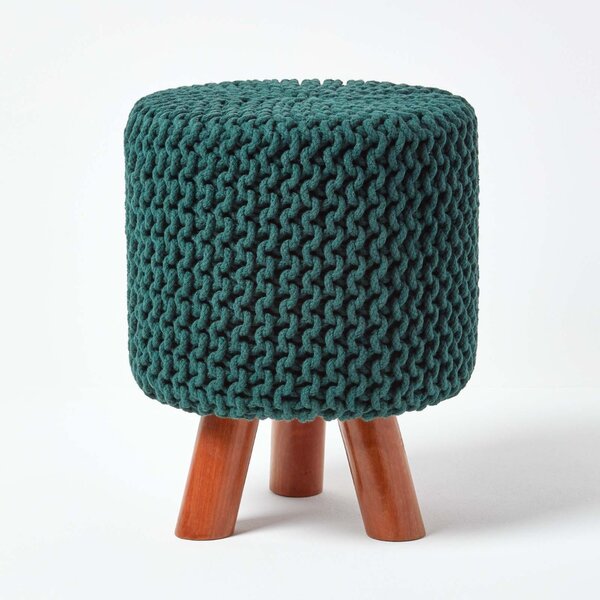 Homescapes Forest Green Tall Knitted Footstool with Wooden Legs