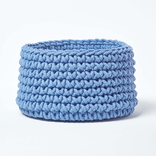 Homescapes Blue Cotton Knitted Round Storage Basket, 37 x 21cm