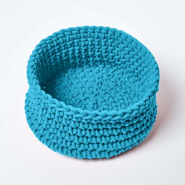 Homescapes Teal Blue Cotton Knitted Round Storage Basket, 37 x 21cm