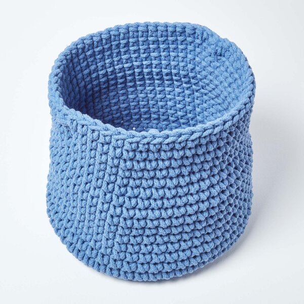 Homescapes Blue Cotton Knitted Round Storage Basket, 42 x 37cm