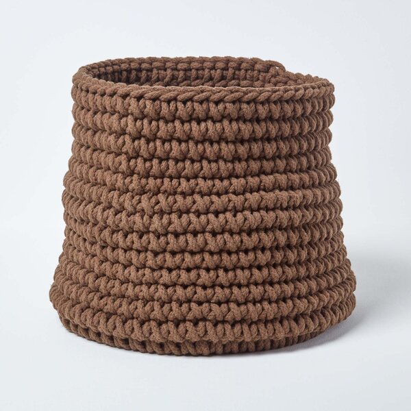 Homescapes Chocolate Cotton Knitted Round Storage Basket, 42 x 37cm