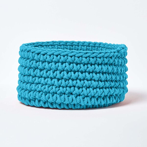 Homescapes Teal Blue Cotton Knitted Round Storage Basket, 37 x 21cm