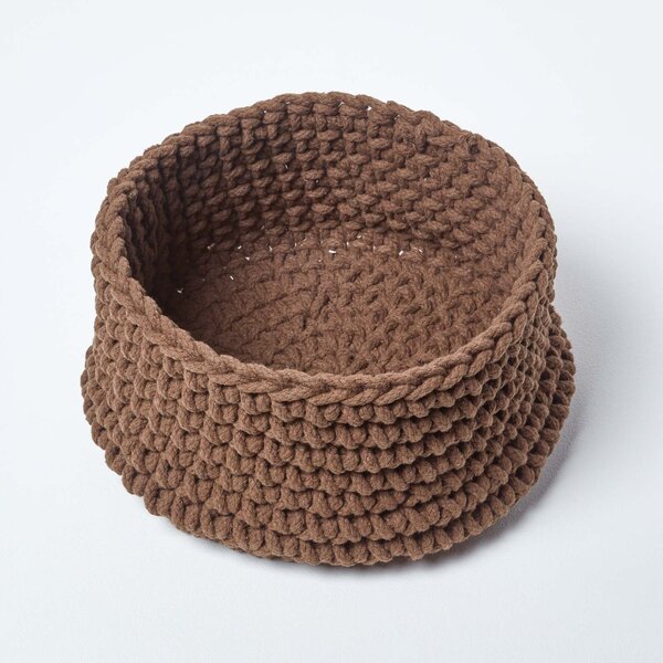 Homescapes Chocolate Cotton Knitted Round Storage Basket, 37 x 21cm