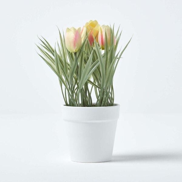 Pink & Cream Artificial Tulips in White Decorative Pot, 22 cm Tall