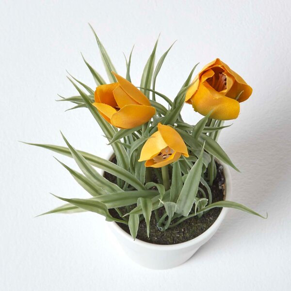 Yellow Artificial Tulips in White Decorative Pot, 22 cm Tall