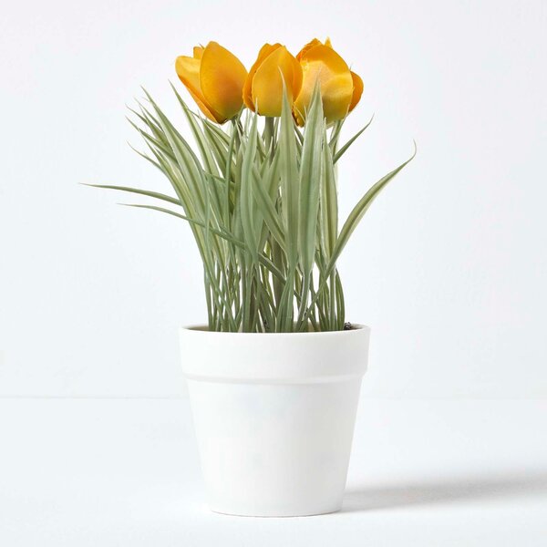 Yellow Artificial Tulips in White Decorative Pot, 22 cm Tall