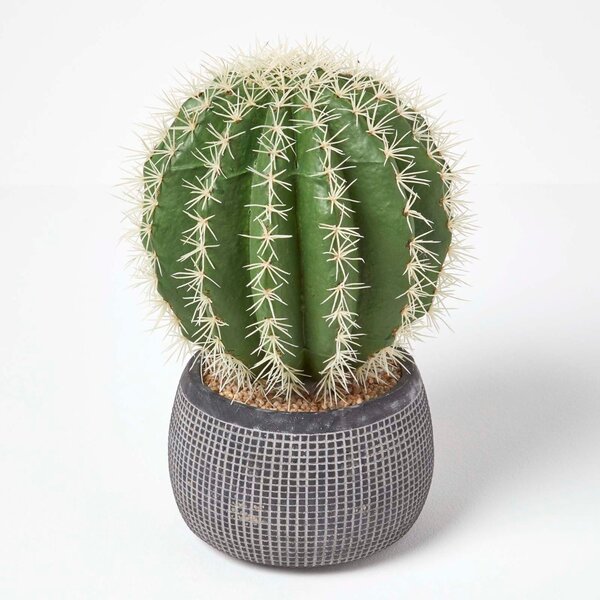 Golden Barrel Artificial Cactus in Textured Stone Grey Pot, 38 cm Tall