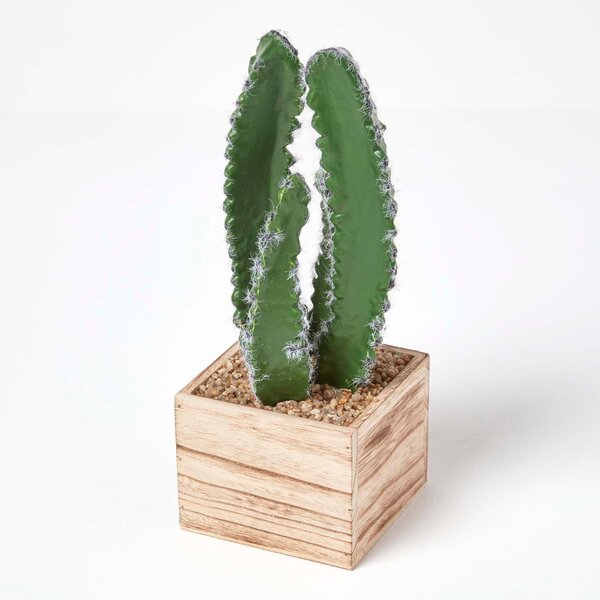 Artificial Cactus in in Wooden Square Pot 33cm Tall Fake Cactus