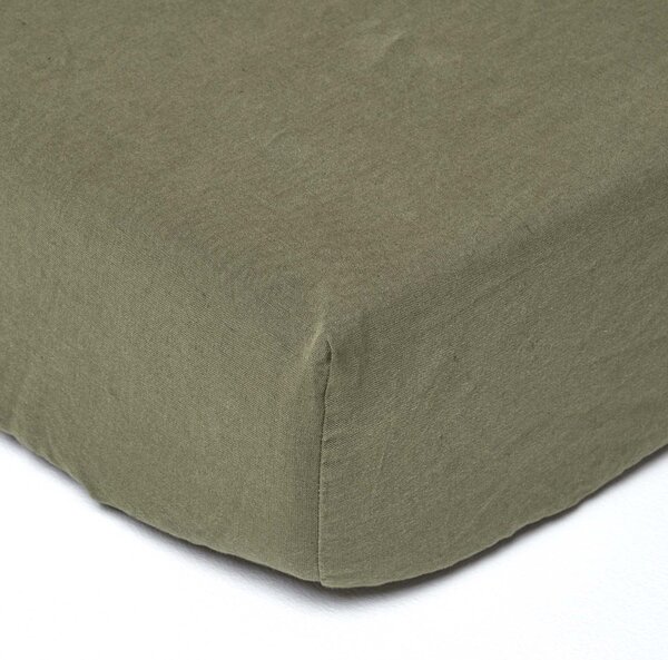 Homescapes Khaki Green Linen Fitted Sheet, Single