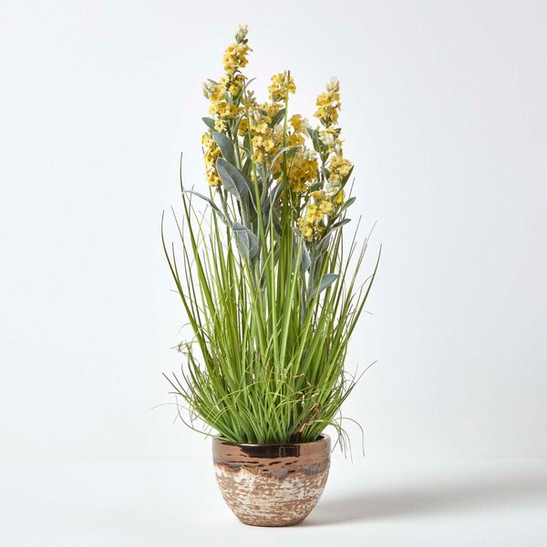 Yellow Artificial Lavender Plant Decorative Metallic Pot, 66 cm Tall