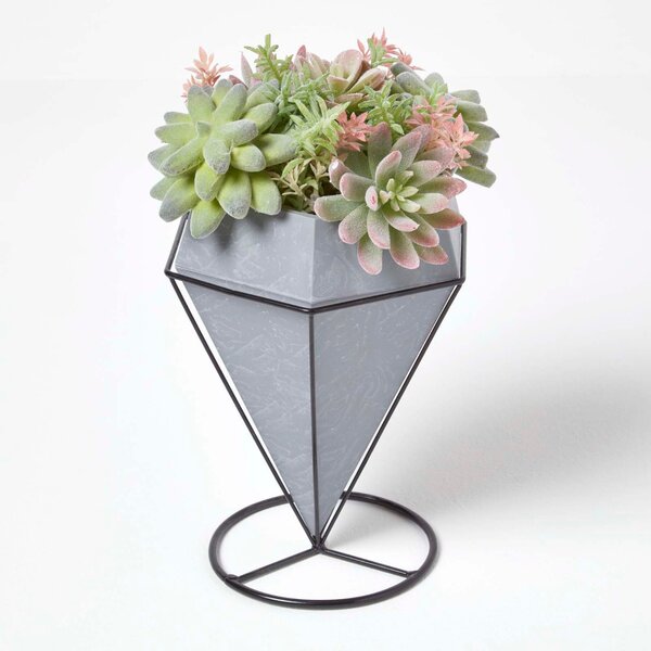 Artificial Succulent Arrangement in Geometric Grey Vase, 31 cm Tall