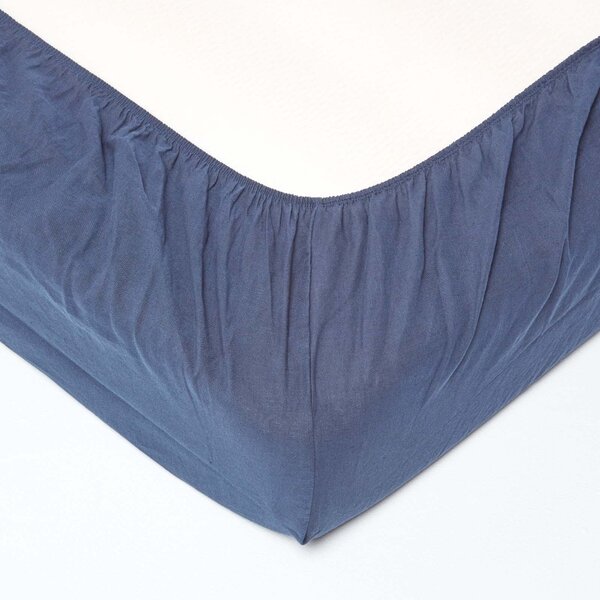 Homescapes Navy Blue Linen Fitted Sheet, Single