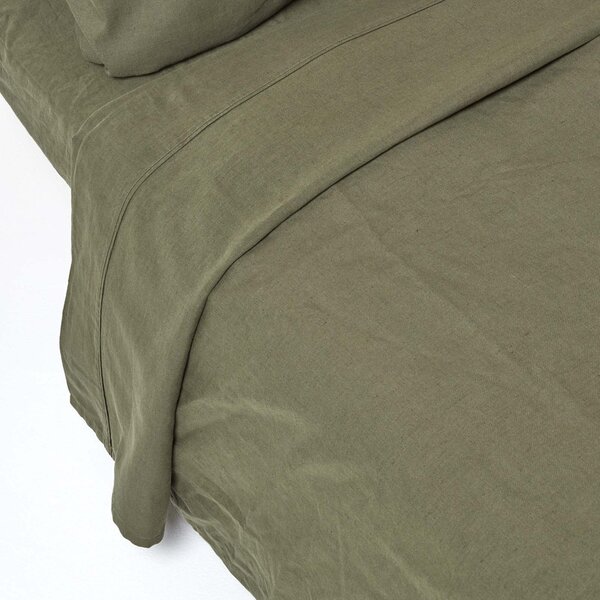 Homescapes Khaki Green Linen Flat Sheet, Single