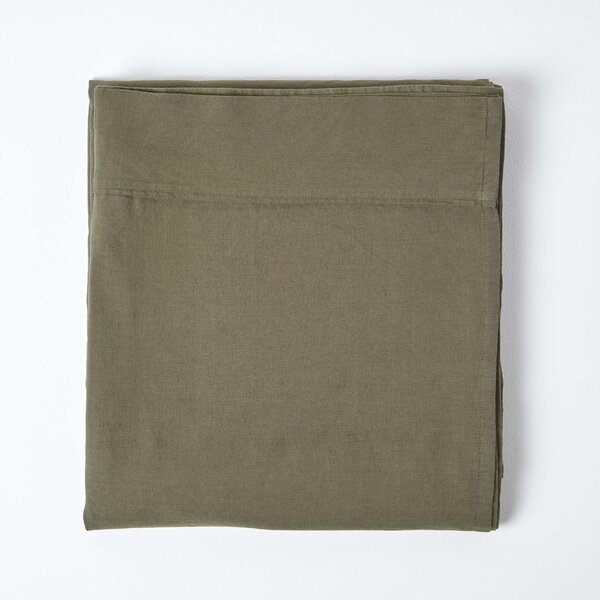 Homescapes Khaki Green Linen Flat Sheet, Single