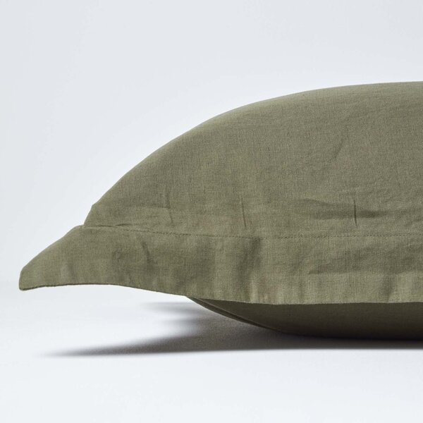 Homescapes Khaki Green Linen Oxford Pillowcase, Standard