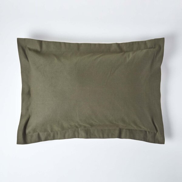 Homescapes Khaki Green Linen Oxford Pillowcase, Standard