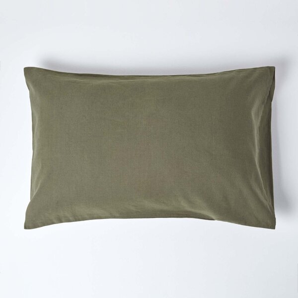 Homescapes Khaki Green Linen Housewife Pillowcase, Standard