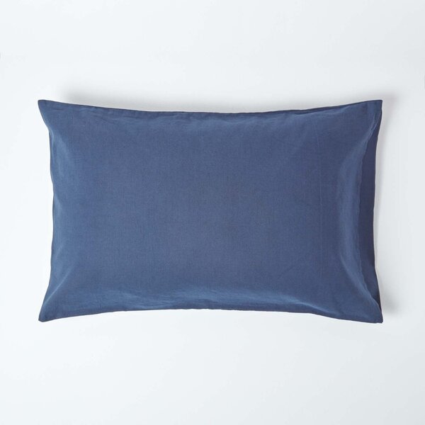 Homescapes Navy Blue Linen Housewife Pillowcase, Standard