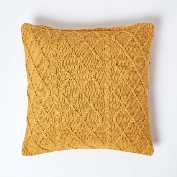 Mustard Yellow Cable Knit 100% Cotton Cushion Cover, Square 45 x 45 cm