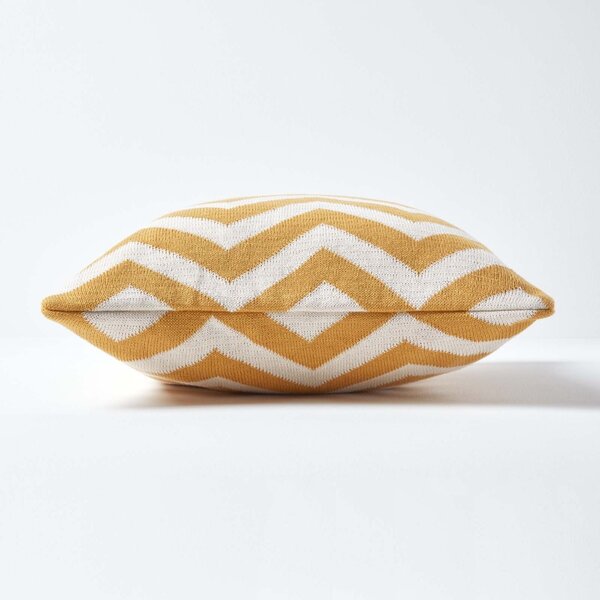 Mustard and Off White Chevron Cotton Knitted Cushion Cover, 45 x 45 cm