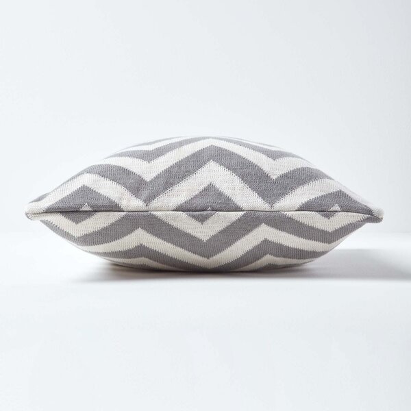 Grey and Off White Chevron Cotton Knitted Cushion Cover, 45 x 45 cm