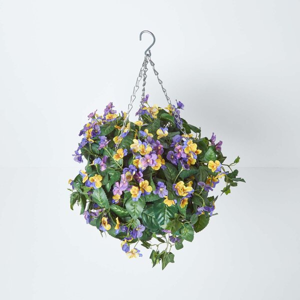 Purple and Yellow Pansy Artificial Hanging Basket Trailing Plant 60 cm