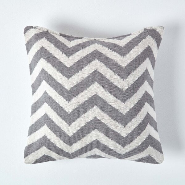 Grey and Off White Chevron Cotton Knitted Cushion Cover, 45 x 45 cm