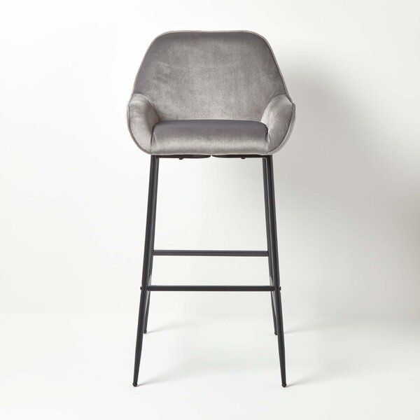 Homescapes Eton Grey Velvet Bar Stool With Back Rest and Black Metal Legs 77cm