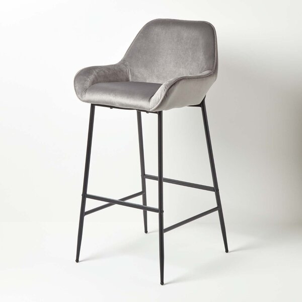 Homescapes Eton Grey Velvet Bar Stool With Back Rest and Black Metal Legs 77cm