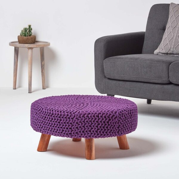 Purple Knitted Flat Footstool with Wooden Legs Large 62 x 62 x 30 cm