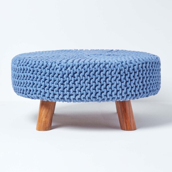 Blue Knitted Flat Footstool with Wooden Legs Large 62 x 62 x 30 cm