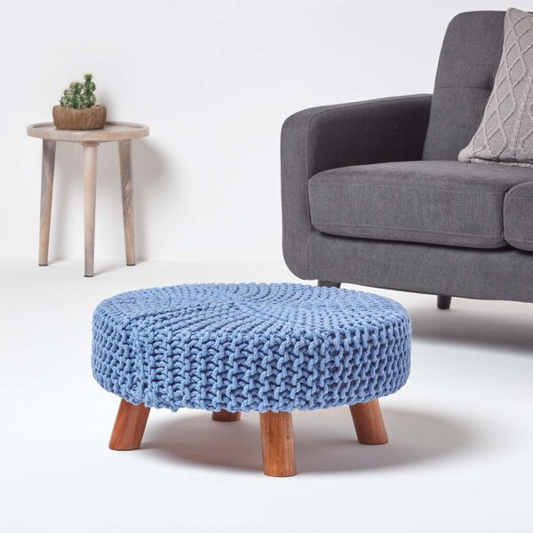 Blue Knitted Flat Footstool with Wooden Legs Large 62 x 62 x 30 cm