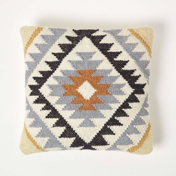 Homescapes Gold & Black Kilim Cushion 45x45cm Wool Textured Cushion