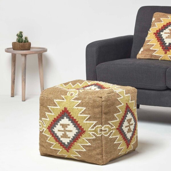 Homescapes Brown Orange Kilim Footstool 43x43cm Beanbag Square Pouffe