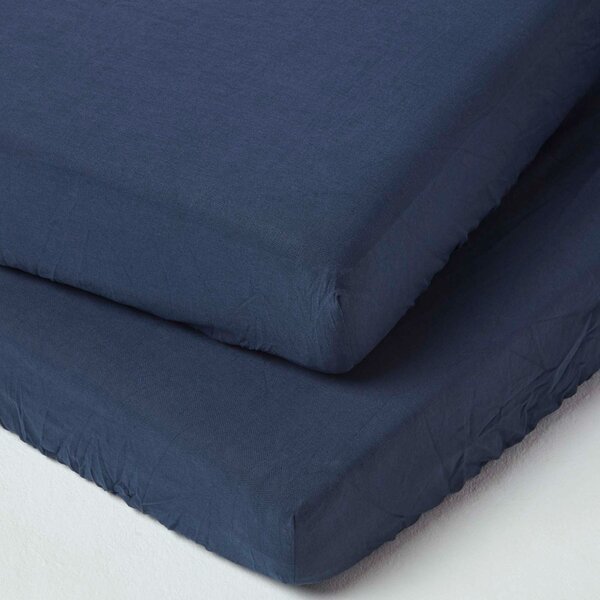 Homescapes Pair of Navy Blue Fitted Cot Sheets Linen & Cotton Blend