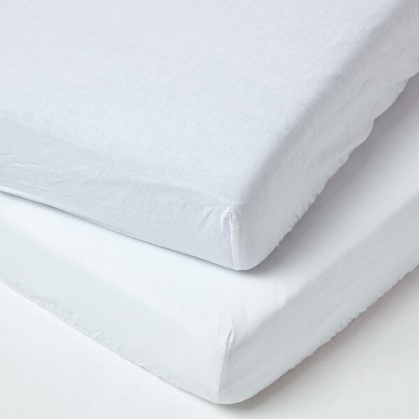 Homescapes Pair of White Fitted Cot Sheets Linen & Cotton Blend