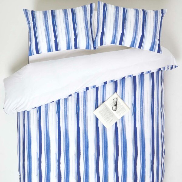 Homescapes King Blue Duvet Cover Set 200 TC Cotton Striped Print