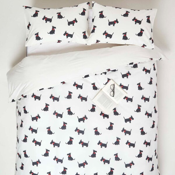 Homescapes Single White Duvet Cover Set 200 TC Cotton Dog Print