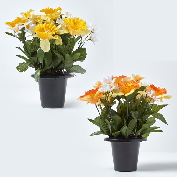 Homescapes Set of 2 Yellow & Orange Daisy Artificial Grave Flower Pots